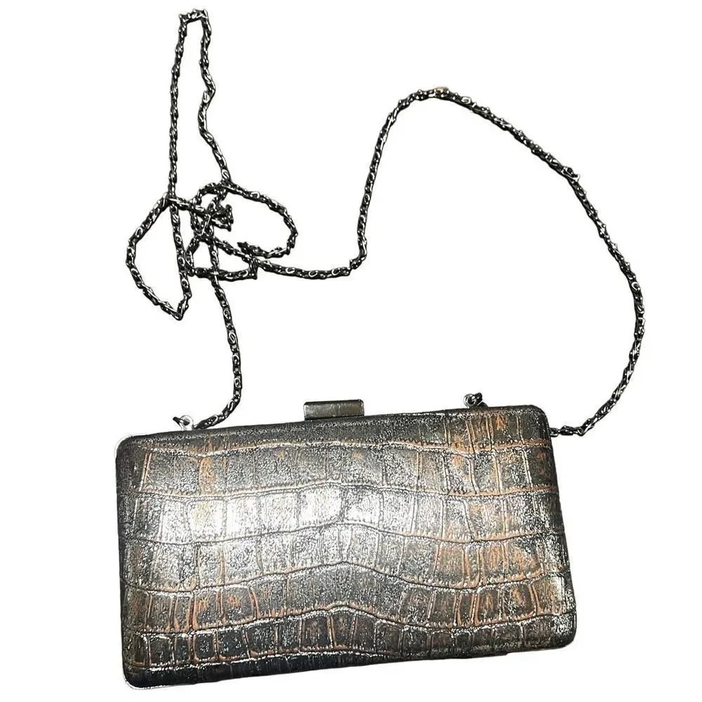 Kate Landry Silver Metallic Hard Clamshell Evening Bag, Crossbody Bag